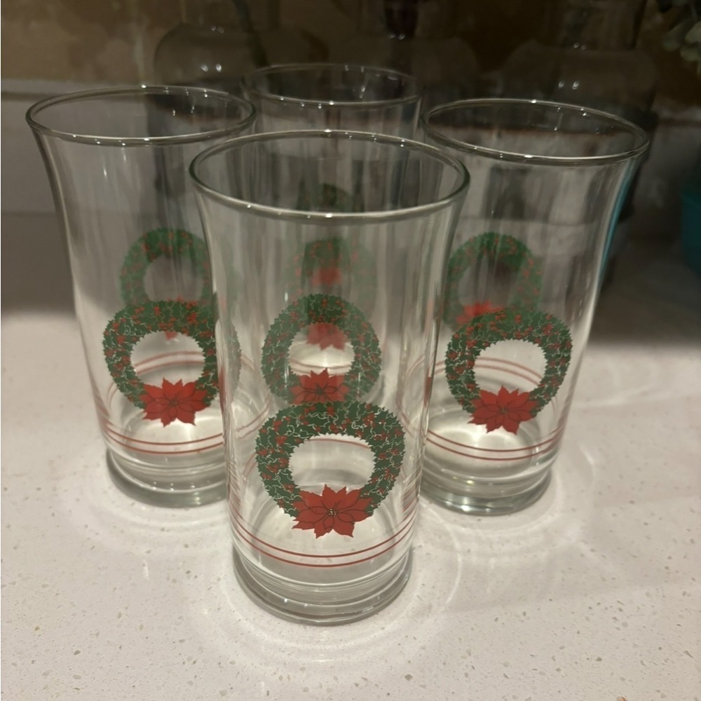Vintage Libby Christmas Glasses Poinsettia Wreath With Holly Berries & Bow 4 049